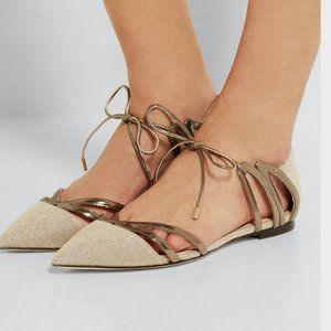 Jimmy Choo Hime Linen Beige Point Toe Ankle Tie Flats 39 9 NEW